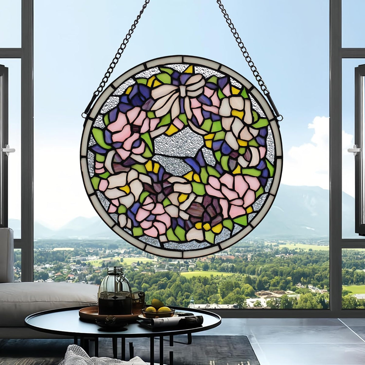 Handcrafted Stained Glass Window Panel - 12-Inch Round Floral Design with Vibrant Colors, Elegant