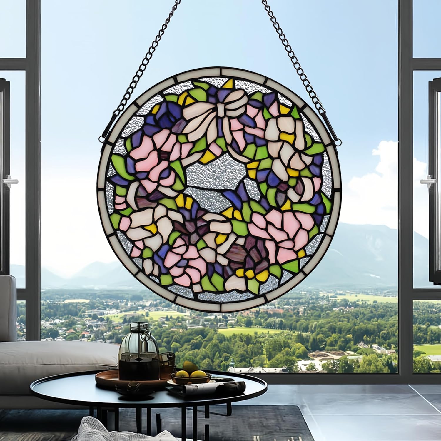 Handcrafted Stained Glass Window Panel - 12-Inch Round Floral Design with Vibrant Colors, Elegant