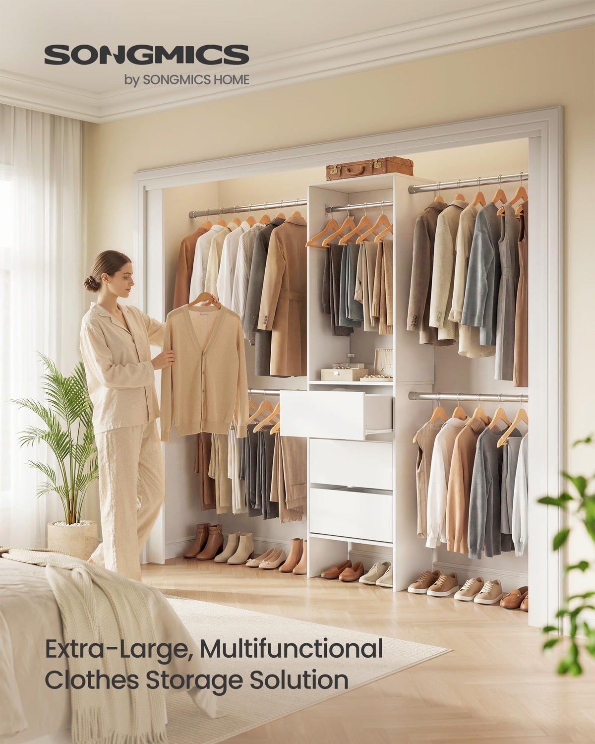 SONGMICS Closet System, Customizable Walk-In Closet Organizer System with Adjustable Hanging Rods