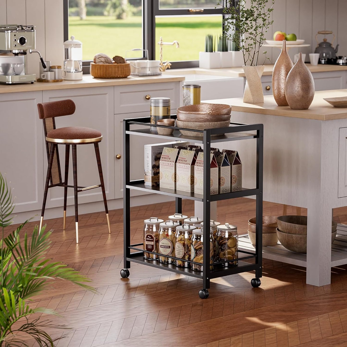 HITNET Bar Cart Black, Serving Cart for Home, 3 Tier Drinks Cart with Wheels, Rolling Beverage Cart