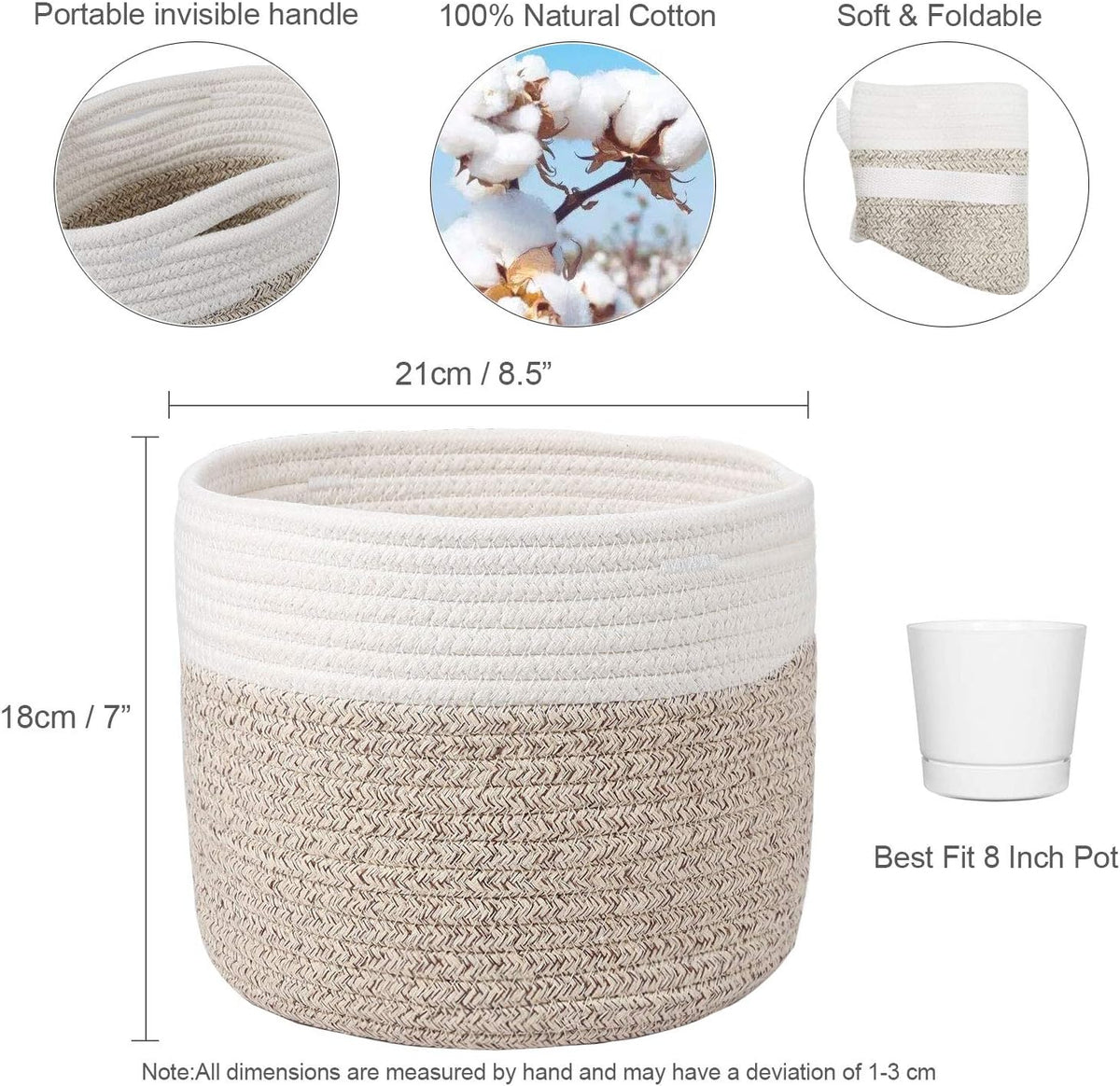 Woven Cotton Rope Plant Basket for 8" Flower Pot Small Basket for Plants Storage Organizer H7.5 x