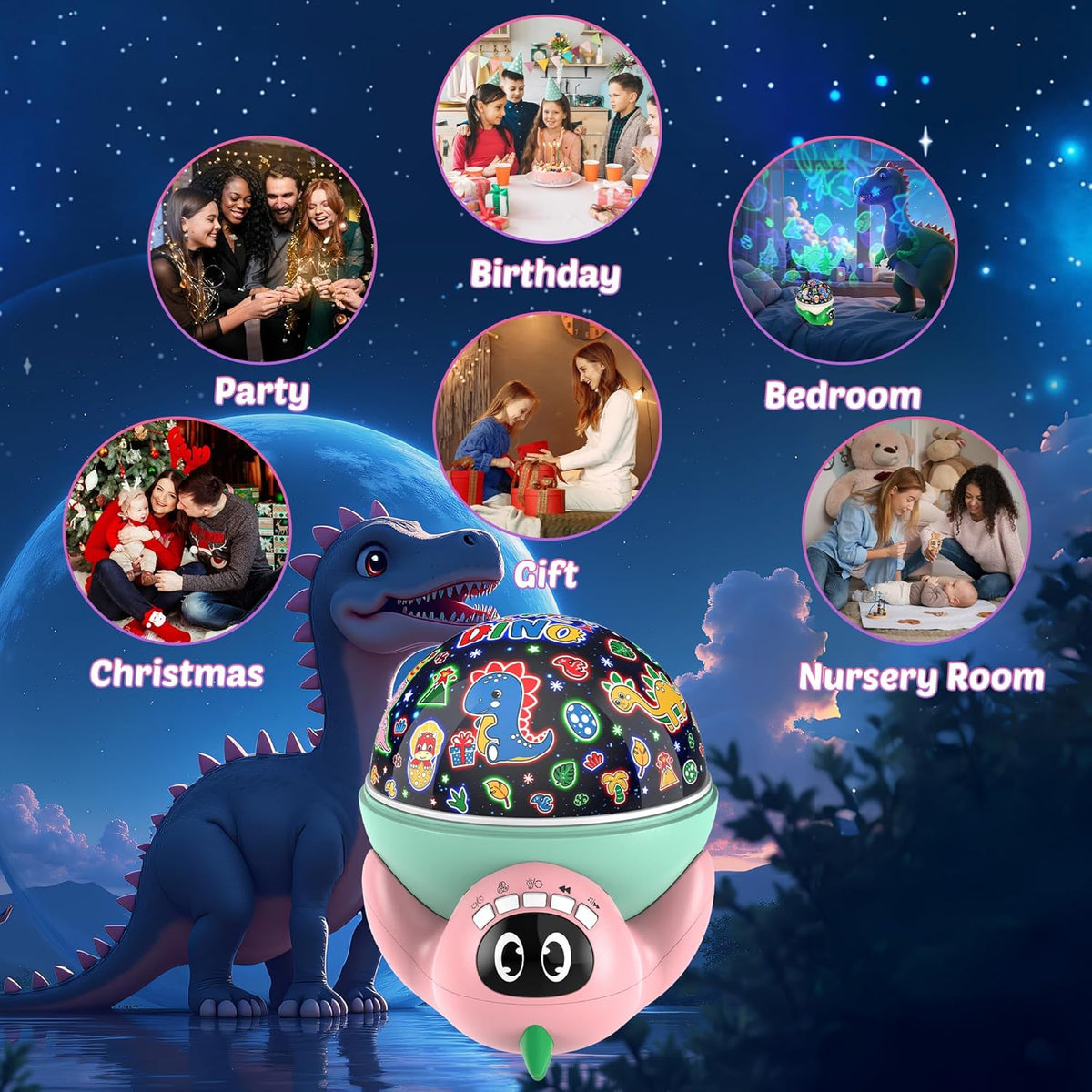 Dinosaur Night Light Projector for Kids Pink Dino Toys for Boys, Star Night Lights with Music and
