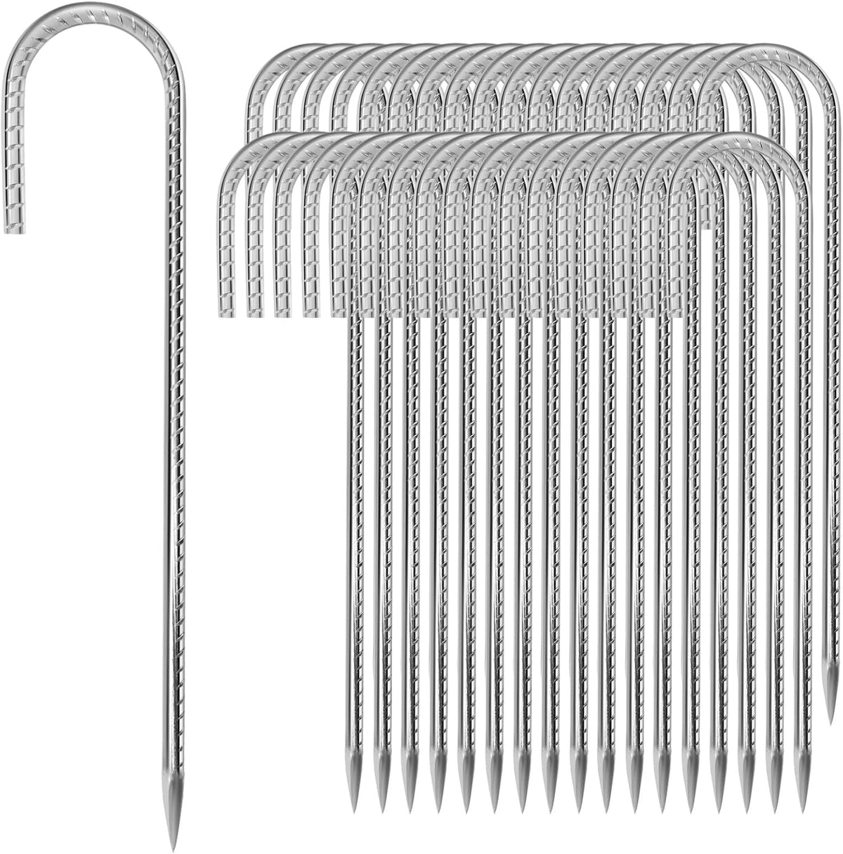 12 inches Tent Stakes Heavy Duty 34-Pack, 5/16" Diameter J Hook Fence Stakes Rebar Ground Stake for