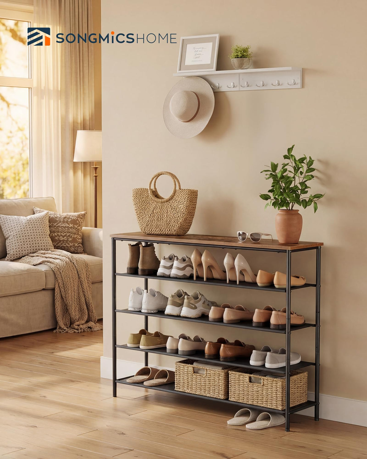 SONGMICS HOME 5-Tier Shoe Rack, Free Standing Shoe Storage Organizer, 12 x 47.4 x 36 Inches, Metal
