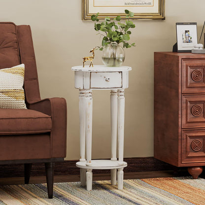 COSIEST Tall End Table with Drawer, Round Nightstand with Storage Shelf, Industrial Telephone End