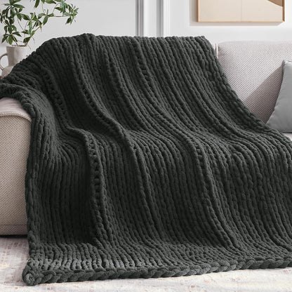Chunky Knit Throw Blanket, 30''*40'' Knitted Throw Chenille Yarn for Bed Couch, Handmade Dark Grey