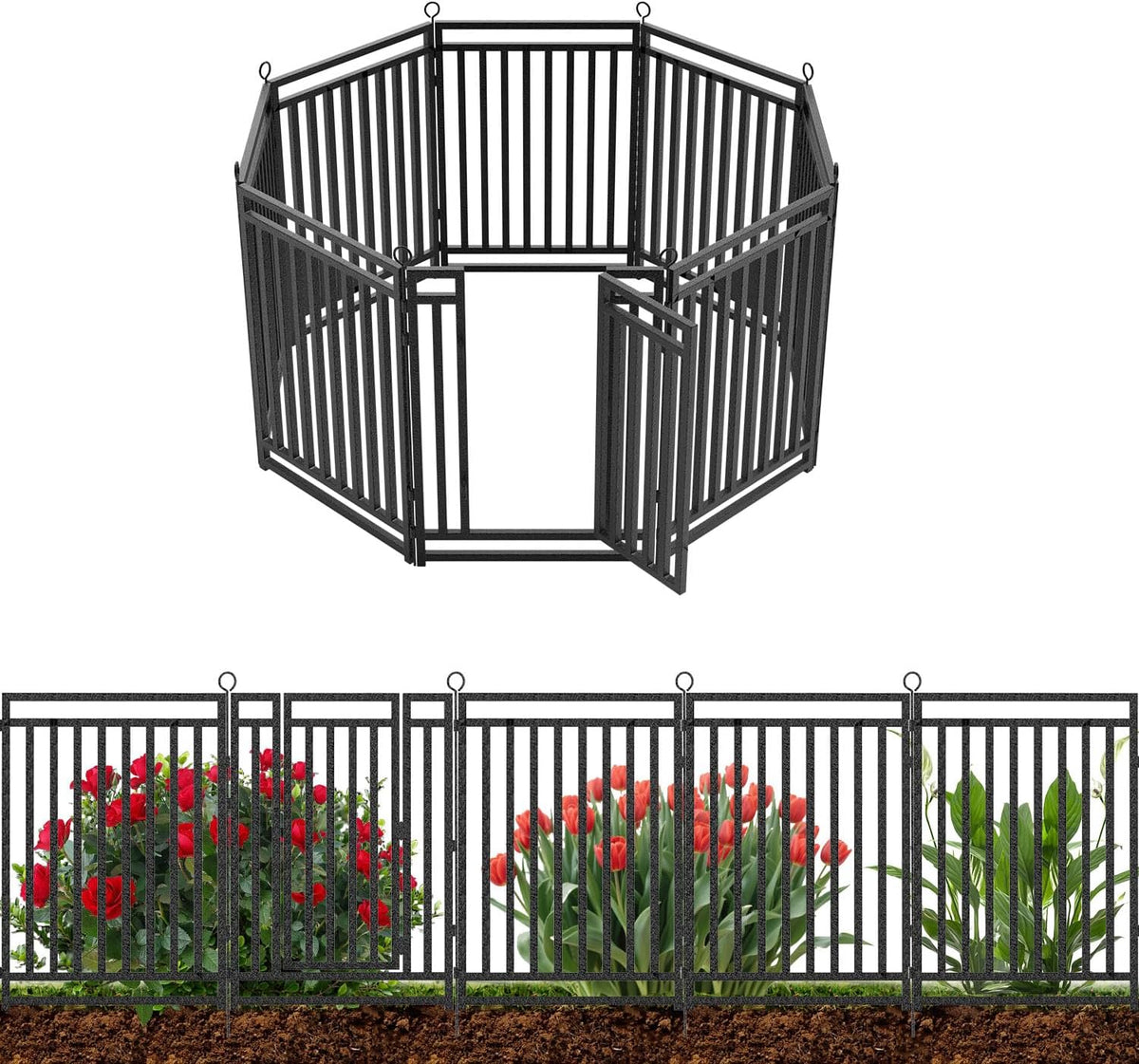 Decorative Garden Fence Metal Dog Fence Outdoor for Yard, 18ft (L) × 40in (H), 7 Panels + 1 Gate