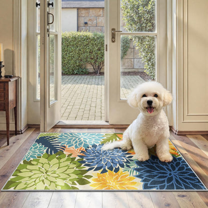 Area Rug 2x3 Yellow Green Washable Entry Small Rug Multicolored Tropical Botanical Modern Floral