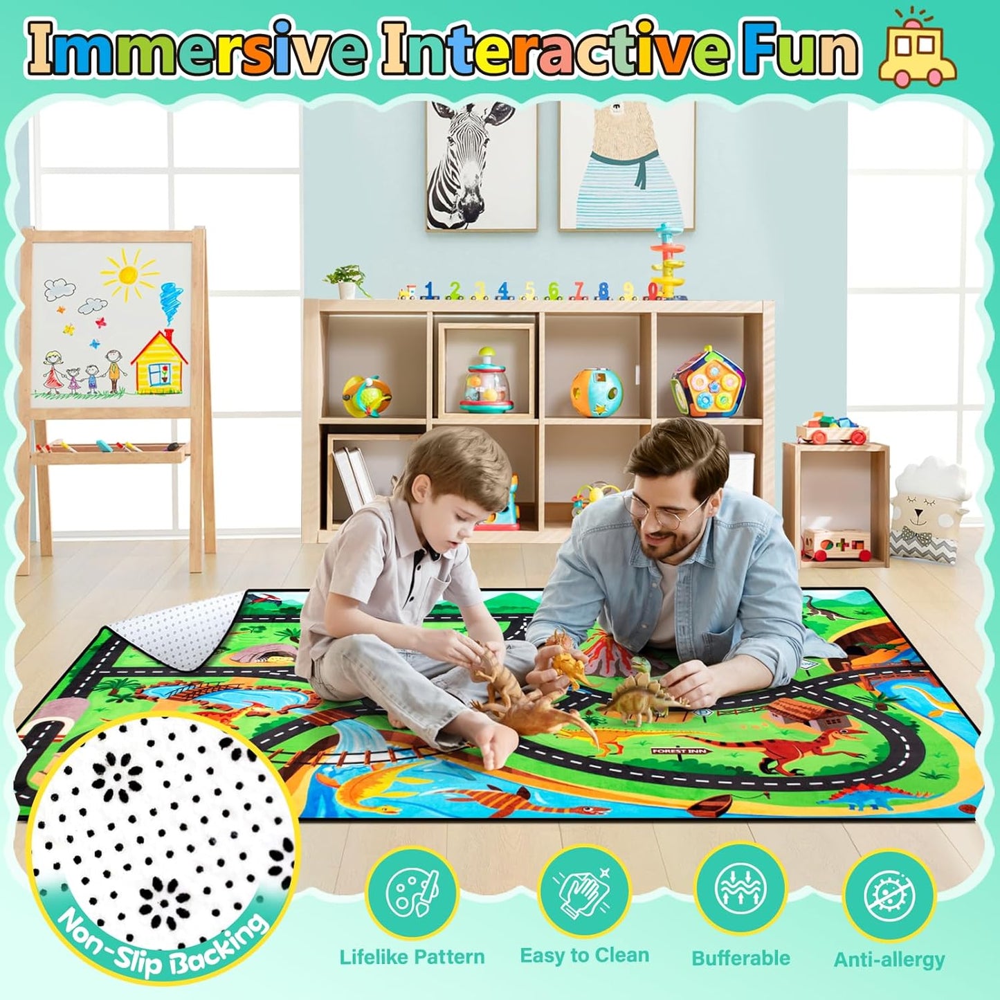 Kids Rug, Car Carpet for Kids' Toy Cars, 4x6 Ft Dinosaur Rug, Dino Safari Road Mat for Playroom