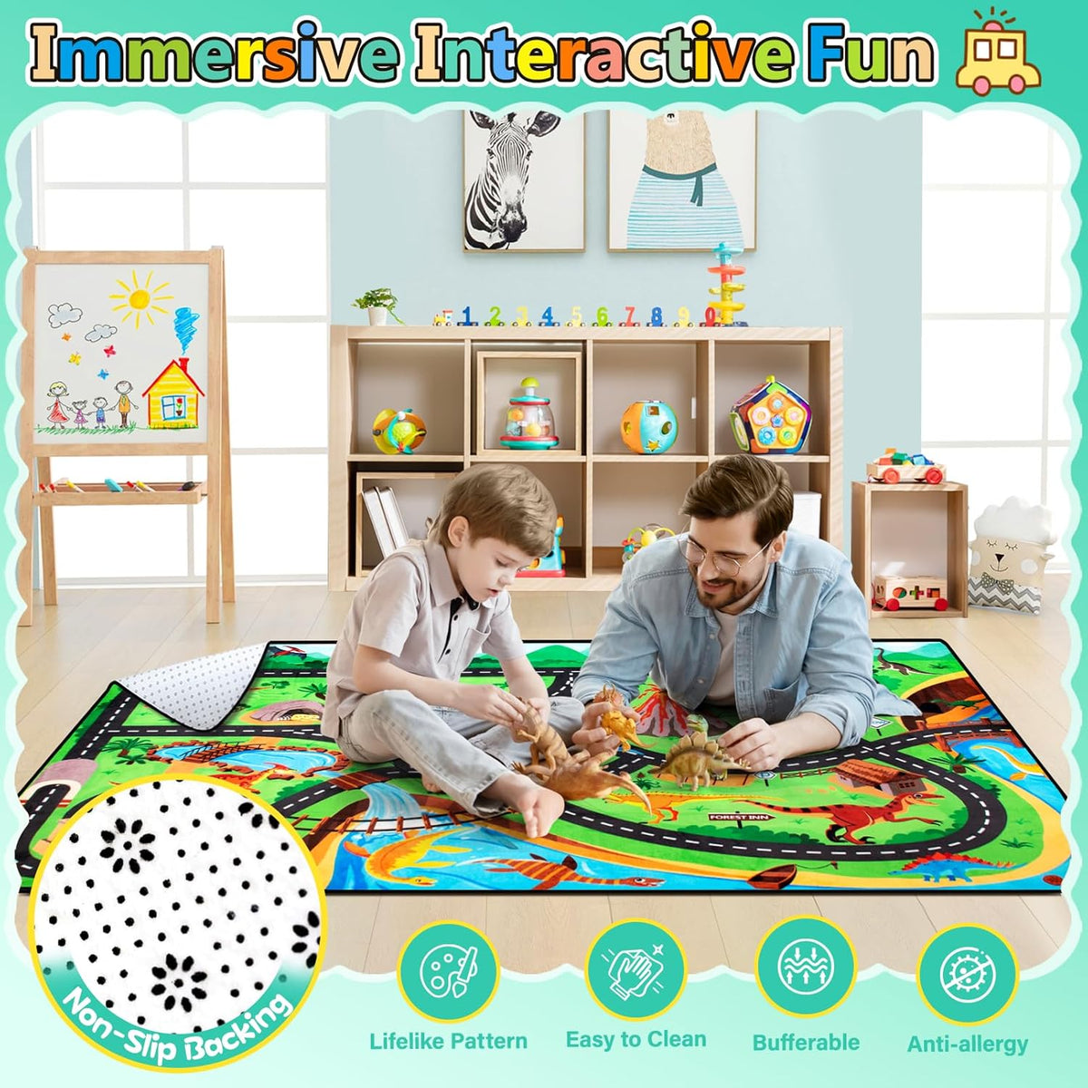 Kids Rug, Car Carpet for Kids' Toy Cars, 4x6 Ft Dinosaur Rug, Dino Safari Road Mat for Playroom