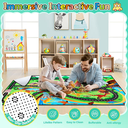 Kids Rug, Car Carpet for Kids' Toy Cars, 4x6 Ft Dinosaur Rug, Dino Safari Road Mat for Playroom