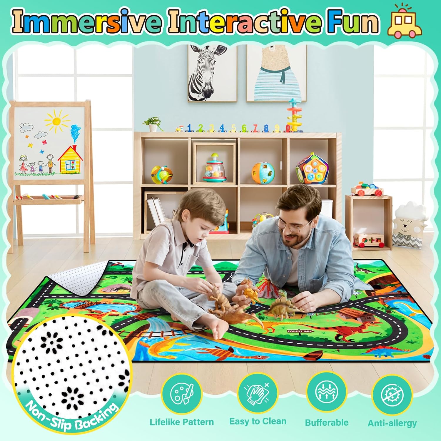 Kids Rug, Car Carpet for Kids' Toy Cars, 6x9 Ft Dinosaur Rug, Dino Safari Road Mat for Playroom