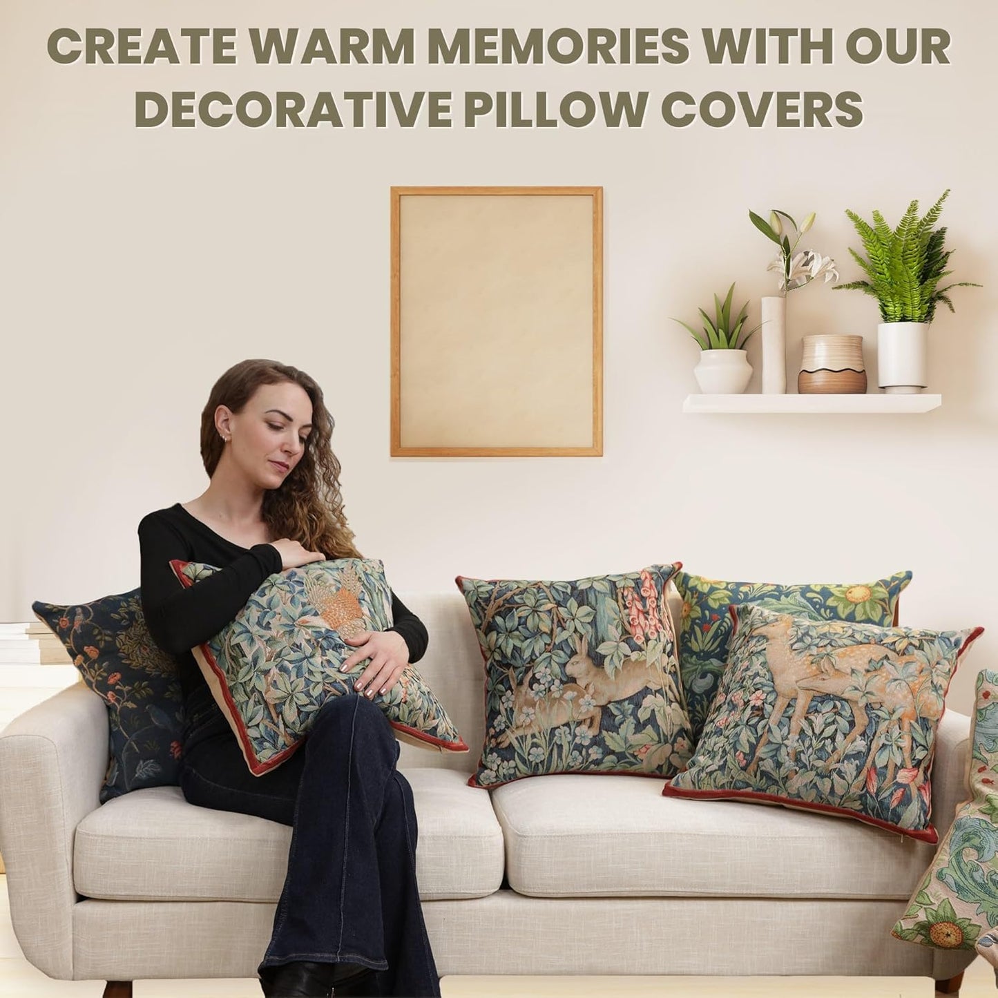 Charlotte Home Furnishings Decorative Tapestry Pillow Cover 19x19 in, Beige Kelmscott Couch Throw