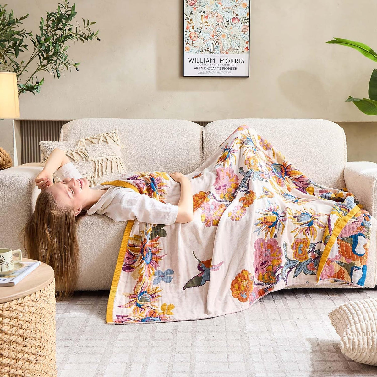 Boho Throw Blanket, 100% Cotton Ultra Soft Luxury Throw Rustic Quilt, 50"x60" Floral Bird Butterfly