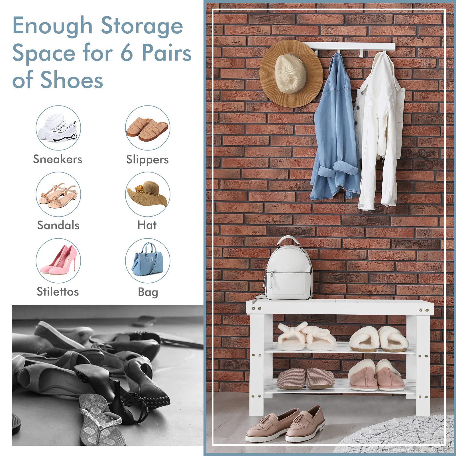 COSTWAY Bamboo Shoe Rack Bench 3-Tier Free Standing Wood Shoe Storage Organizer Shelf Holder Home
