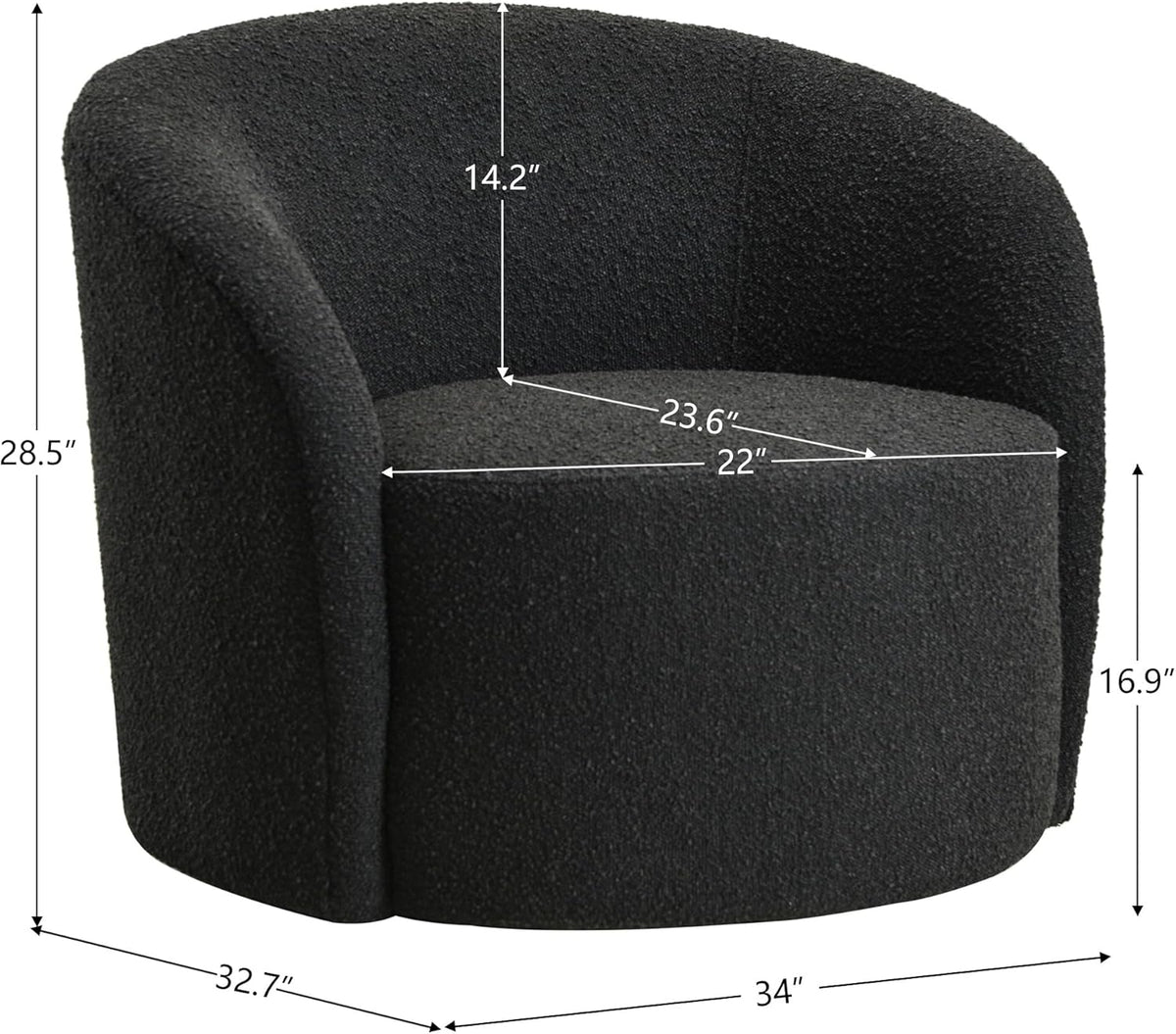 KINWELL 34" W Mid Century Modern Swivel Barrel Chair, Round Upholstered Boucle Swivel Accent