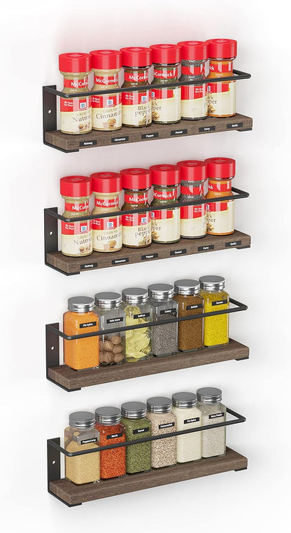 SpaceAid Spice Rack Organizer for Cabinet Door or Wall Mount (4 Pack) with 415 Spice Labels - Wood