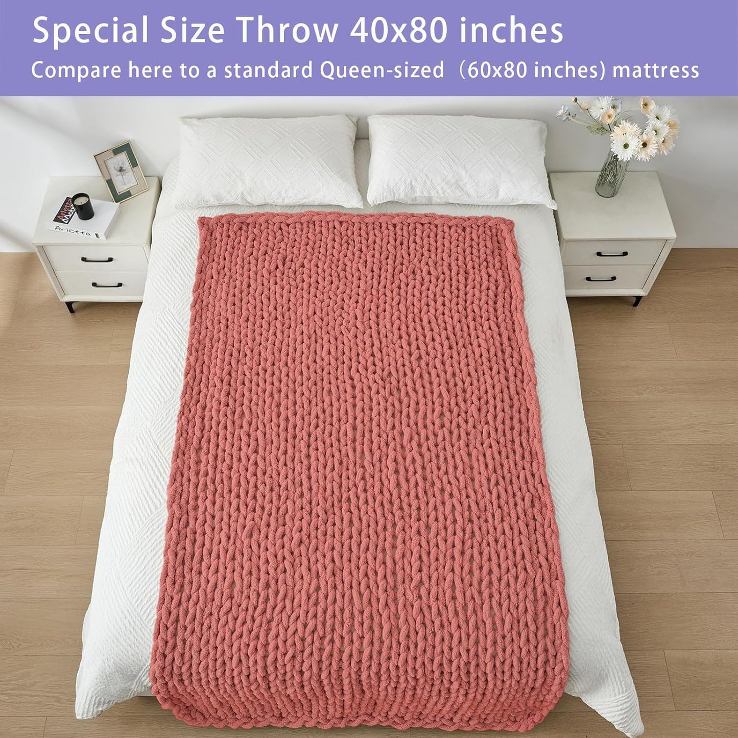 Bigacogo Chunky Knit Throw Blanket for Couch, 40x80 inches, 100% Hand Knitted with Thick Jumbo