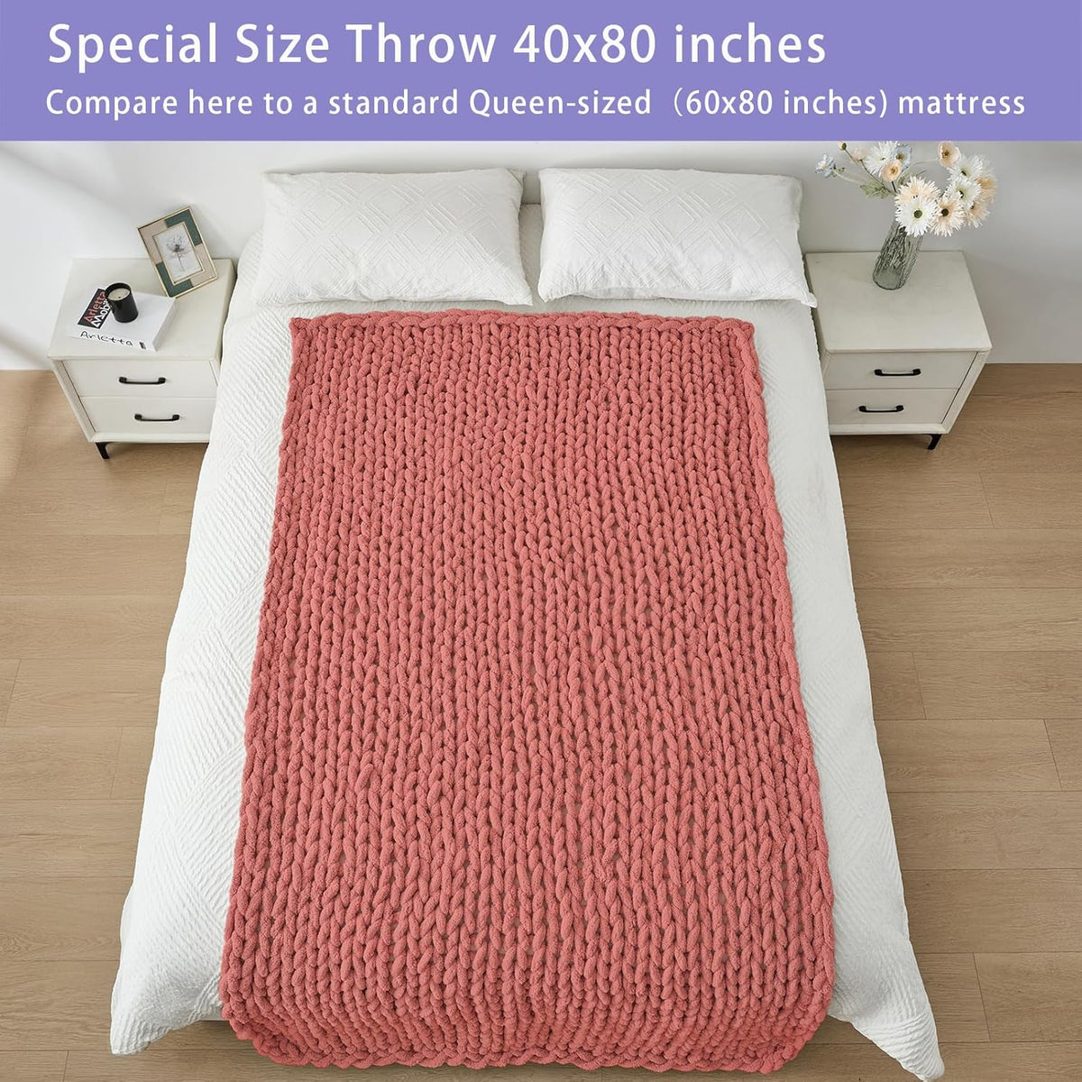 Bigacogo Chunky Knit Throw Blanket for Couch, 40x80 inches, 100% Hand Knitted with Thick Jumbo