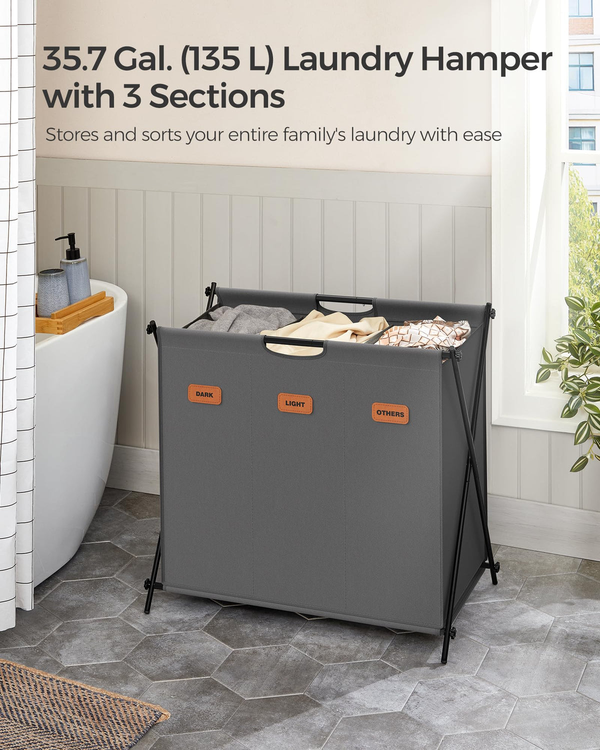 SONGMICS Laundry Hamper, Laundry Basket, 35.7 Gal. Laundry Sorter 3 Sections, Collapsible X-Frame