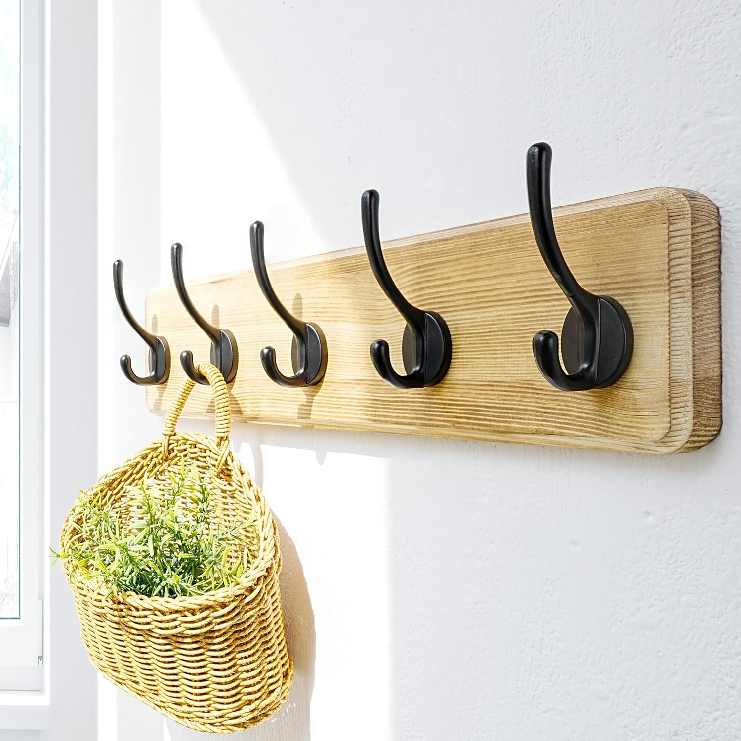 Dseap Coat Rack Wall: Patented, Heavy-Duty, 5-Double-Hooks Wooden Wall Mounted Coat Rack Coat