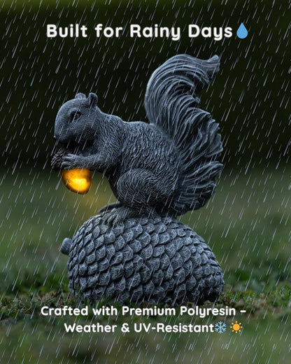 Solar Garden Statue – Hand-Painted Resin Squirrel on Pinecone with Glowing LED Acorn – Charming