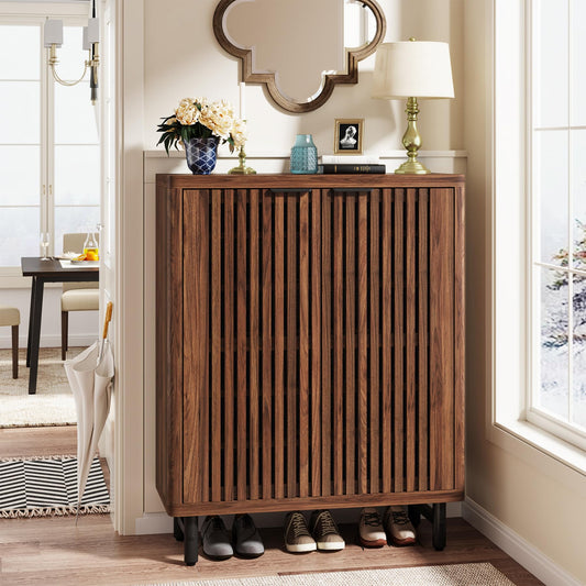 Tribesigns 6-Tier Shoe Cabinet with Shutter Doors, Large Wooden Shoe Organizer Rack with Adjustable
