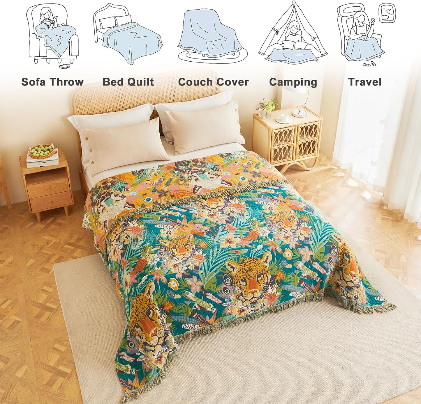 MSGKV Throw Blanket for Couch Cotton Muslin Breathable Leopard Animals Blanket 50"x60" Sofa Chair