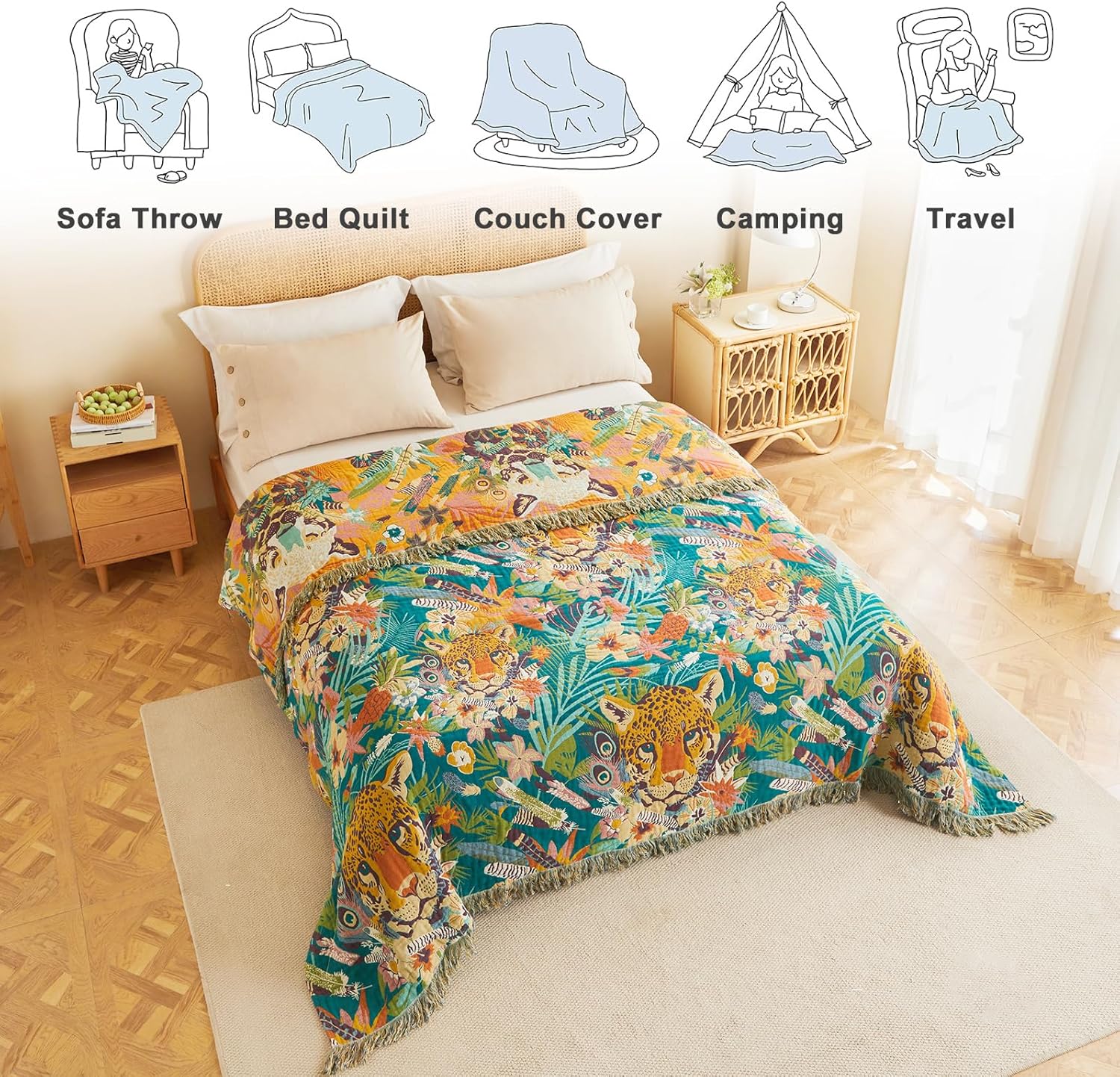 MSGKV Throw Blanket for Couch Cotton Muslin Breathable Leopard Animals Blanket 50"x60" Sofa Chair