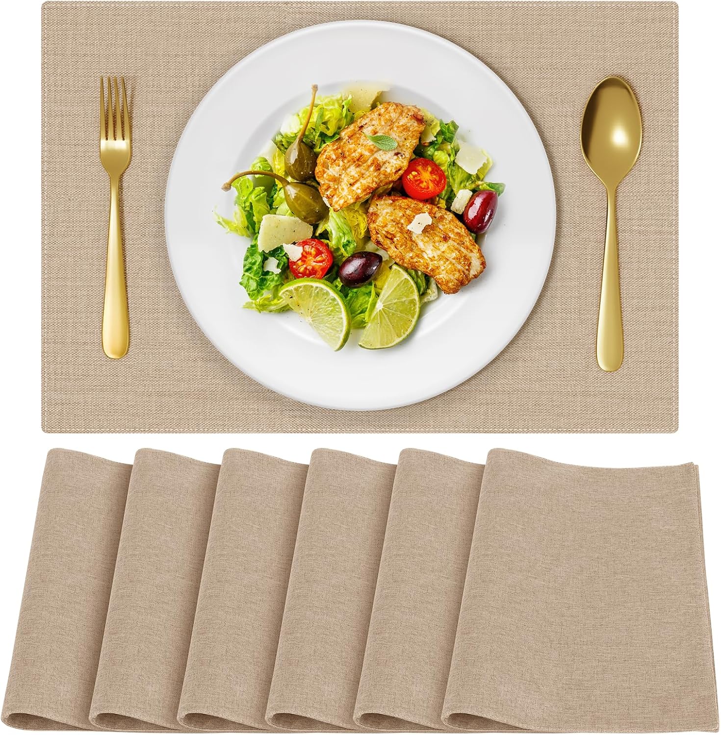 Cloth Placemats, Set of 6 Heat-Resistant Cotton Linen Blend Double Layered Machine Washable Place