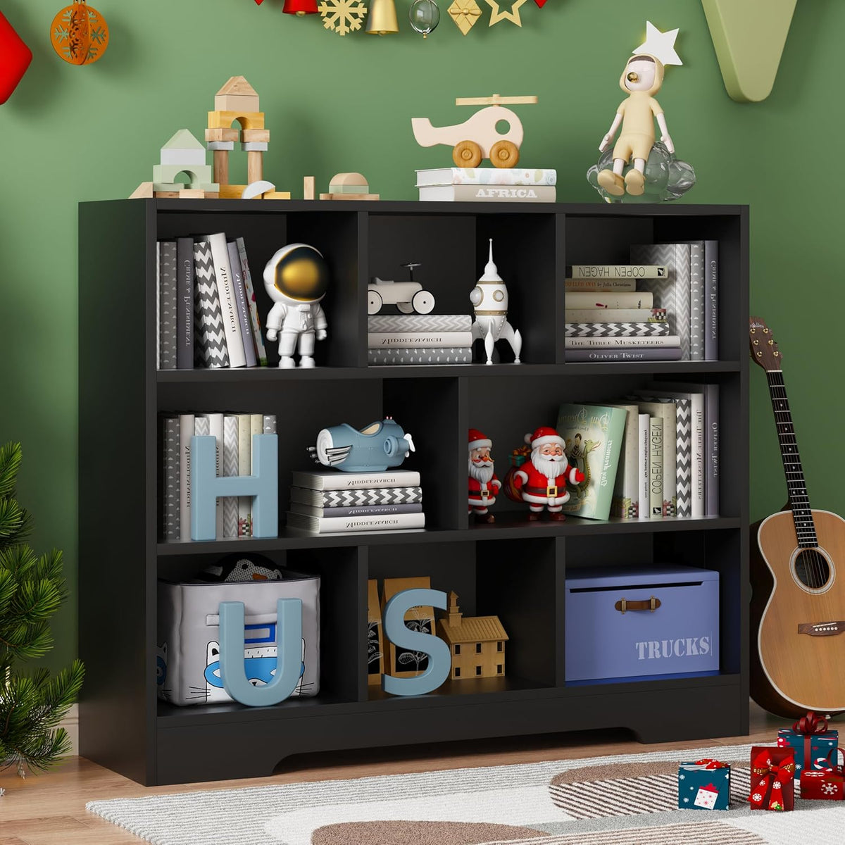 Book Shelf, 8 Cubes Storage Organizer, 3-Tier Open Shelf Wooden Bookcase, Freestanding Black