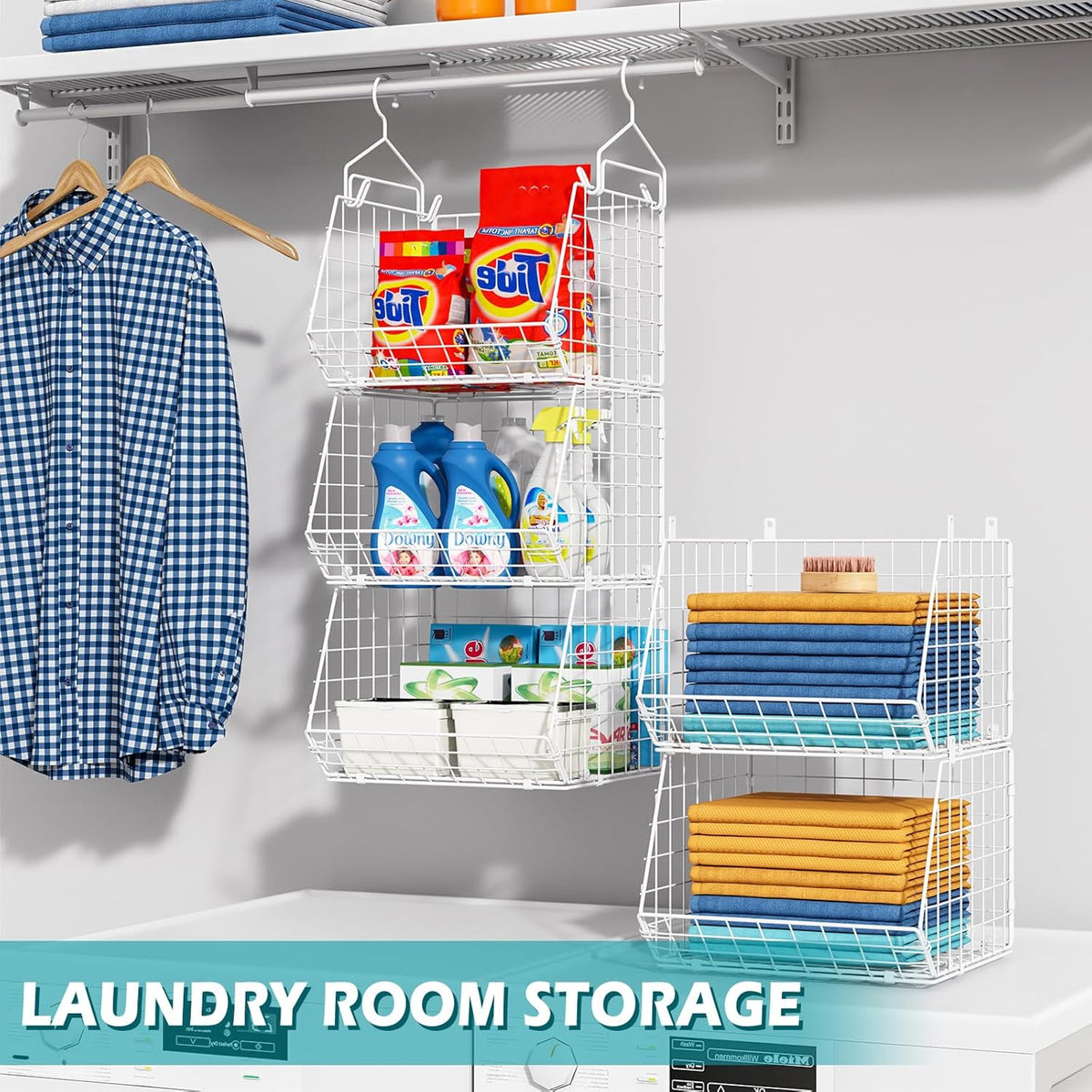 5 Tier Closet Hanging Organizer, Clothes Hanging Shelves with 4 Hanging Hooks 5 S Hooks, Wire