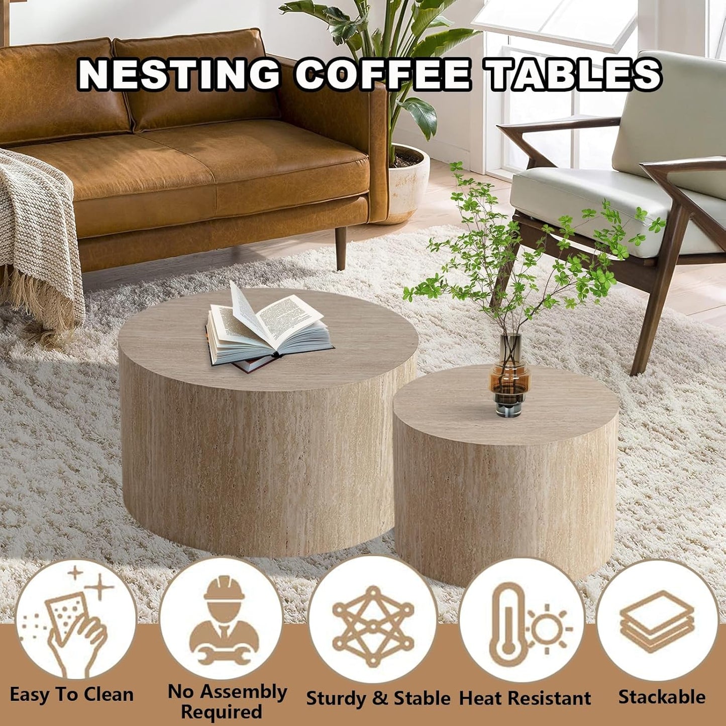 Round Nesting Coffee Table Set of 2, Modern Coffee and End Table Set Small Circle Wooden Drum Side