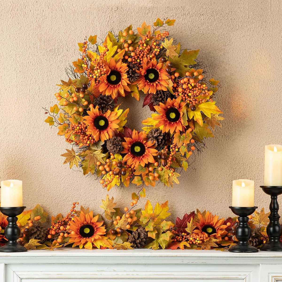 Glitzhome 24'' Fall Wreath for Front Door Decor, Artificial Autumn Orange Wreath with Sunflower