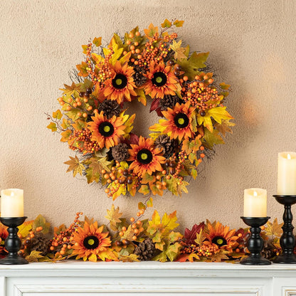 Glitzhome 24'' Fall Wreath for Front Door Decor, Artificial Autumn Orange Wreath with Sunflower