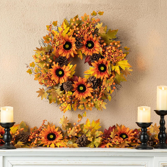 Glitzhome 24'' Fall Wreath for Front Door Decor, Artificial Autumn Orange Wreath with Sunflower