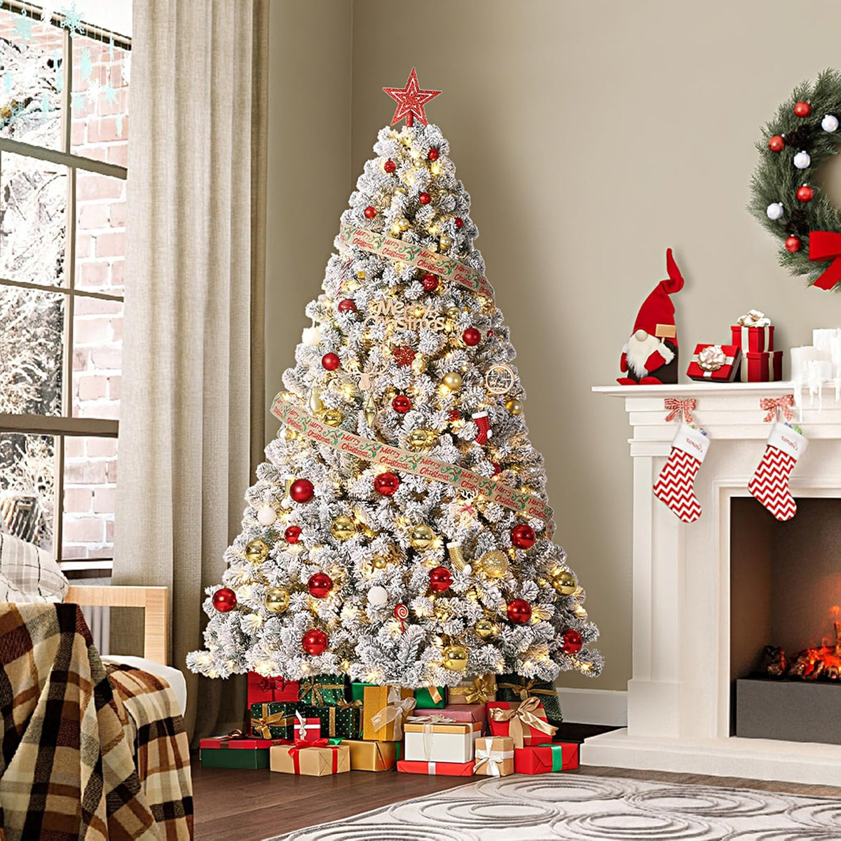 GarveeHome 7.5ft Prelit Artificial Christmas Tree with Warm White Lights, Snow Flocked Full Xmas