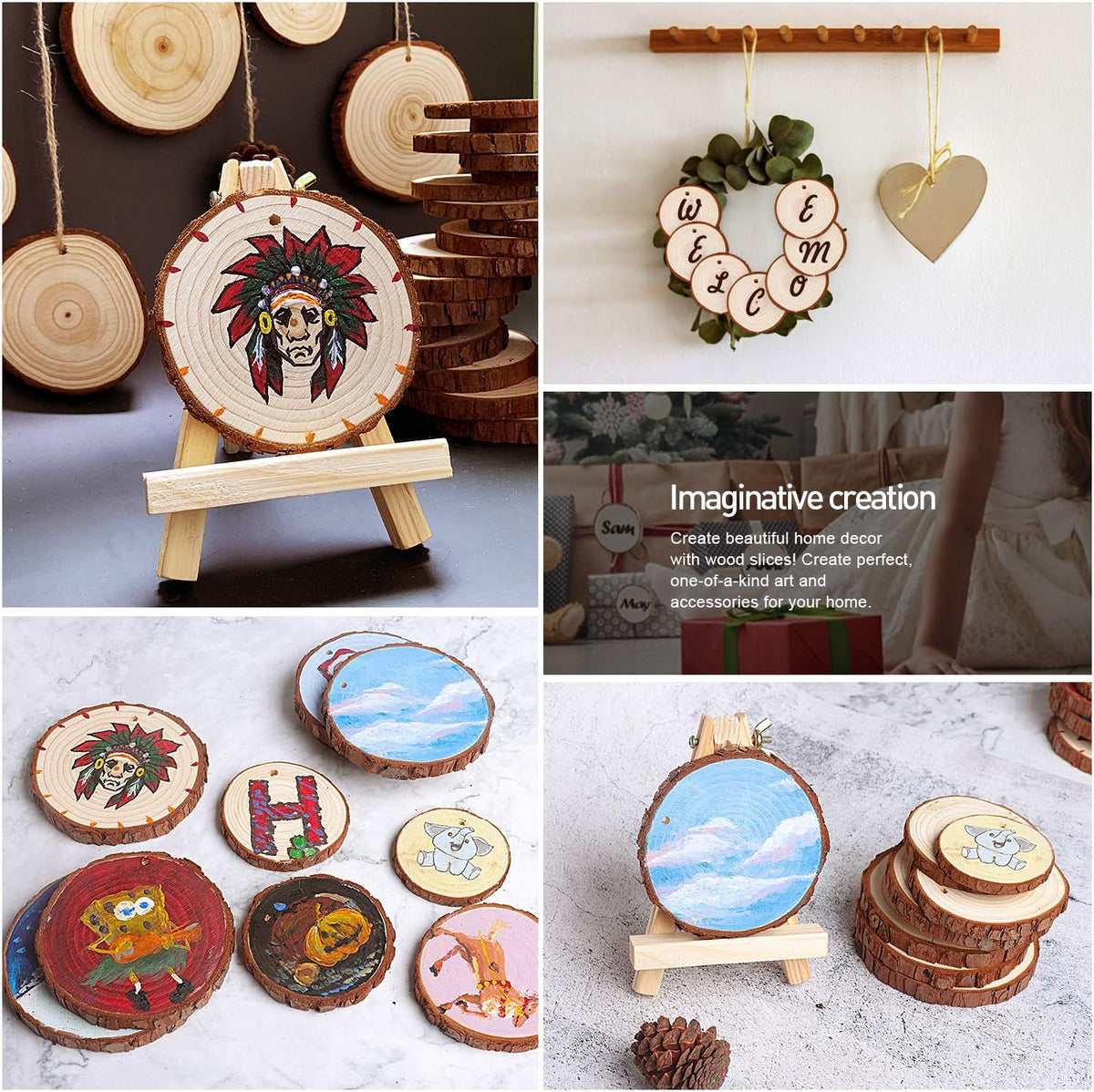 5ARTH Natural Wood Slices - 30 Pcs 3.5-4 inches Craft Unfinished Wood kit Predrilled with Hole