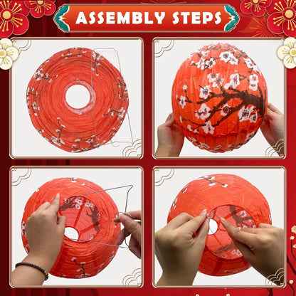 14Pcs Chinese Japanese Paper Lantern Assorted Sizes (8" 10" 12") Hanging Plum Blossom Red White