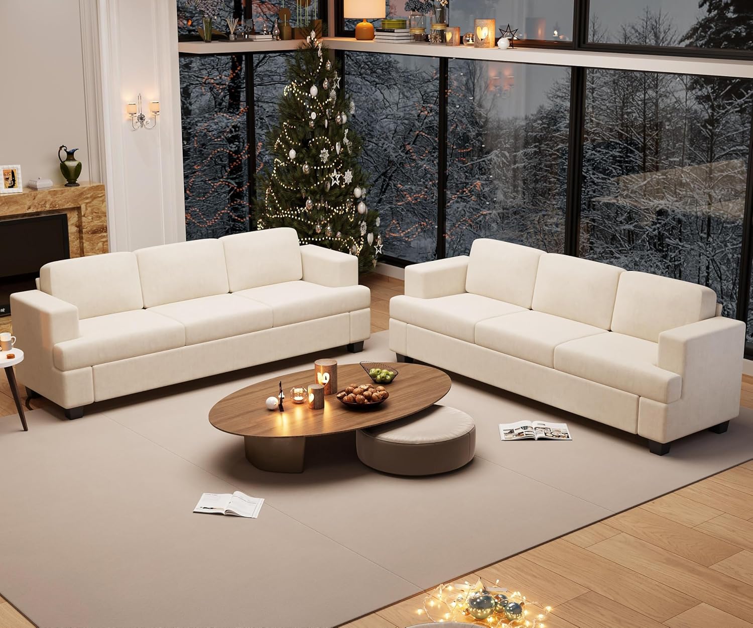2 Piece Set Comfy Sofa Couch, 2 3-Seater Sofa with Deep Seats, Modern Sleeper Couch for Living