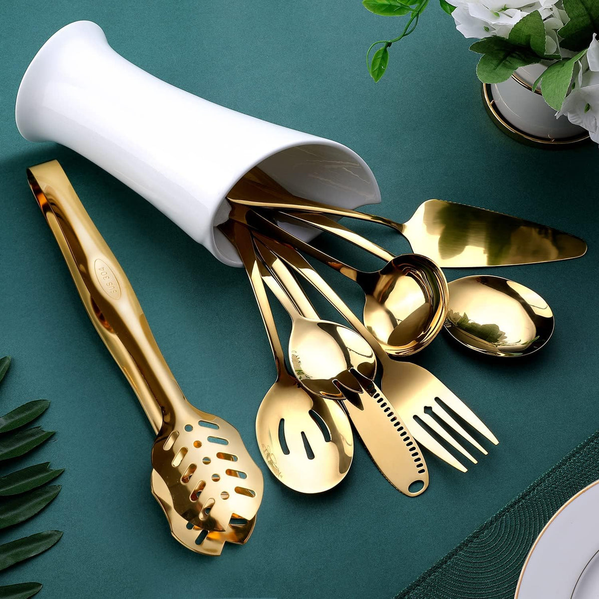 Gold Serving Utensils, OGORI 8-Piece Polished Stainless Steel Flatware Silverware Set Include
