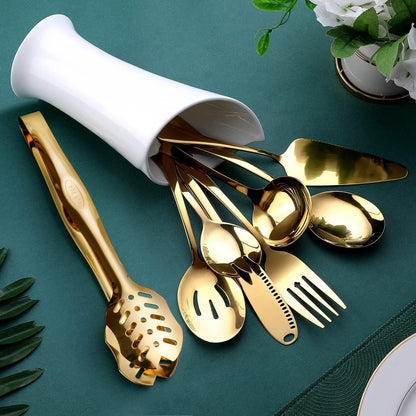 Gold Serving Utensils, OGORI 8-Piece Polished Stainless Steel Flatware Silverware Set Include