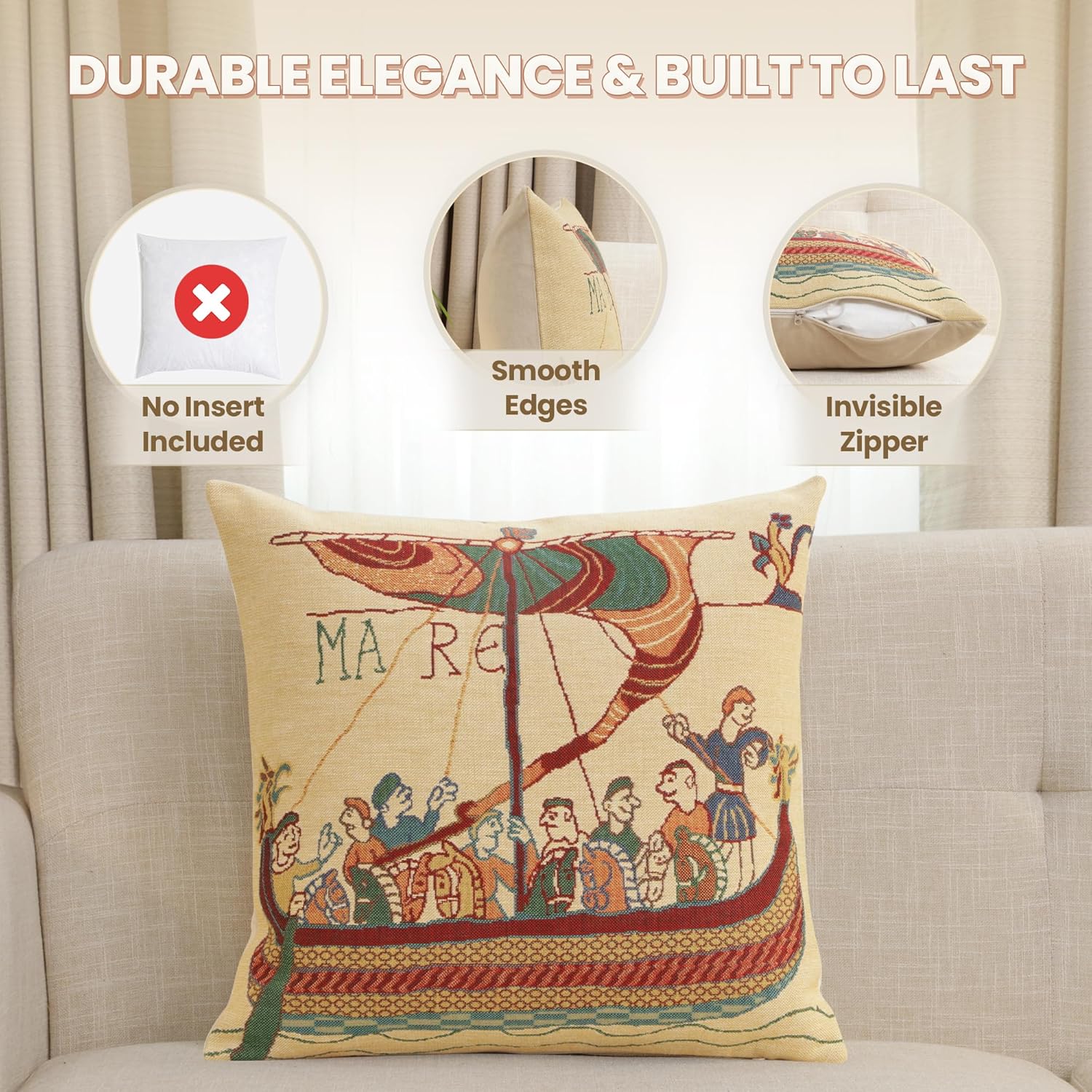 Charlotte Home Furnishings Bayeux Mare Throw Pillow Cover 16" x 16" – Medieval Ship Decorative