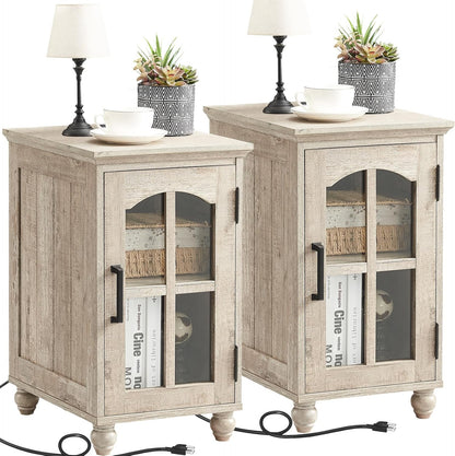 Narrow Side Table Set of 2,Farmhouse Nightstand with Charging Station,End Table with Glass Barn