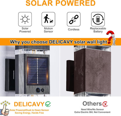 2 Pack Solar Outdoor Wall Lights with Motion Sensor 3-Mode Motion Outdoor Sconces 3000K 500LM Dusk