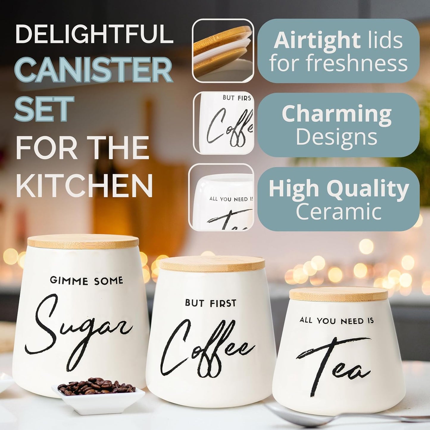 Coffee Tea and Sugar Ceramic Canister Set - 3-Piece Airtight Kitchen Canisters for Countertop