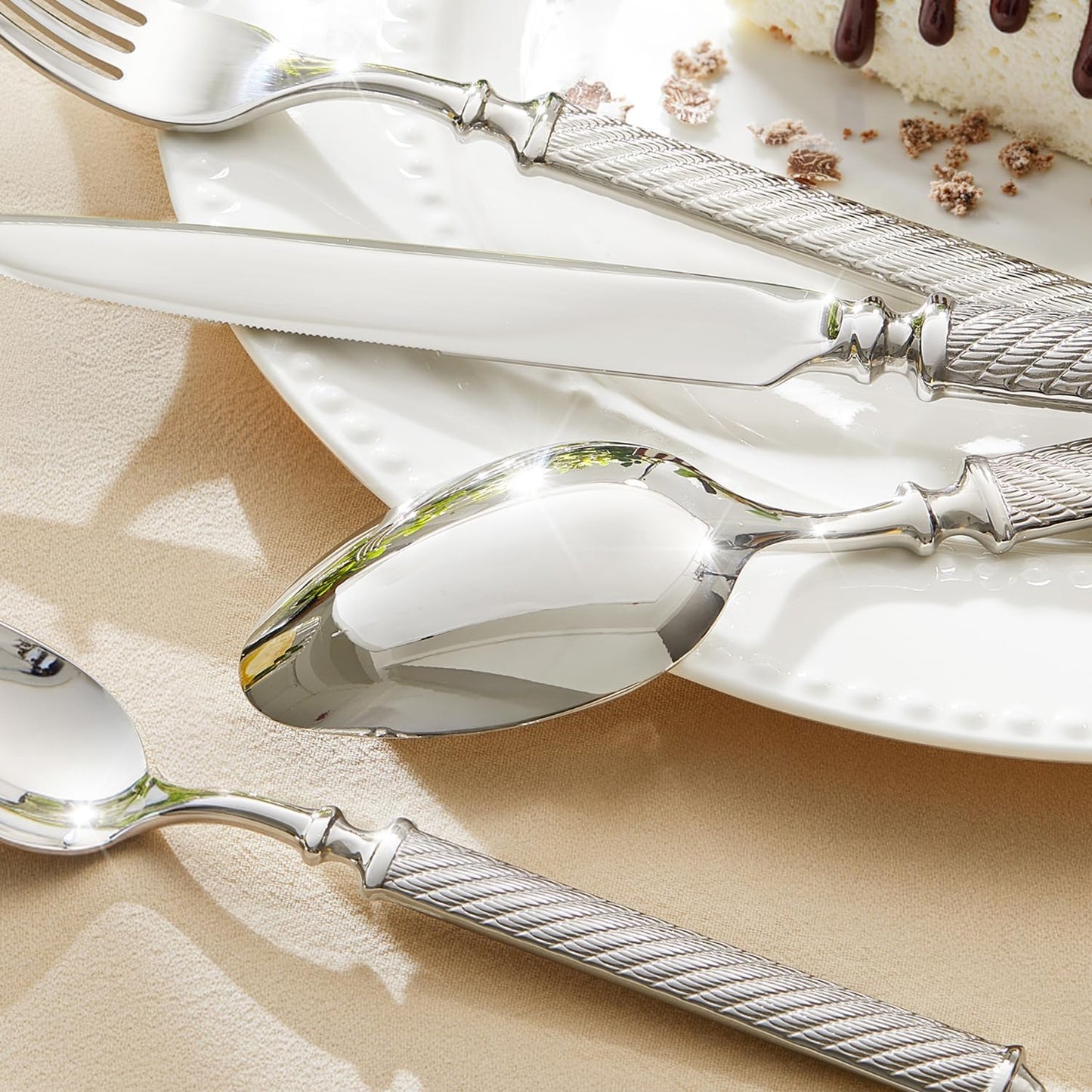 KINGSTONE Retro Rope-Pattern Silverware Set, 5-Piece Flatware Set Cutlery Set Forged with