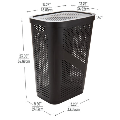 Mind Reader Slim Laundry Hamper with Lid, 60L Clothes Basket, Ventilated Plastic, Brown