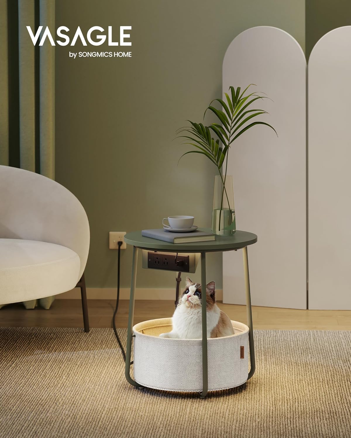 VASAGLE Side Table with Charging Station, Round End Table with Fabric Basket, LED Nightstand with