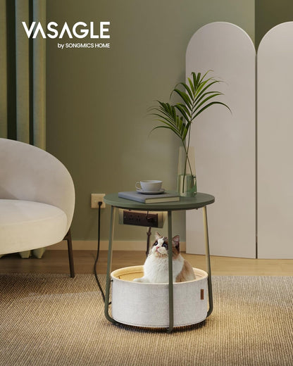 VASAGLE Side Table with Charging Station, Round End Table with Fabric Basket, LED Nightstand with